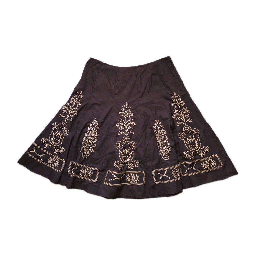 VTG Sunny Leigh Boho Embroidered Sequin A Line Midi Skirt Brown 18W 90s Y2K EUC